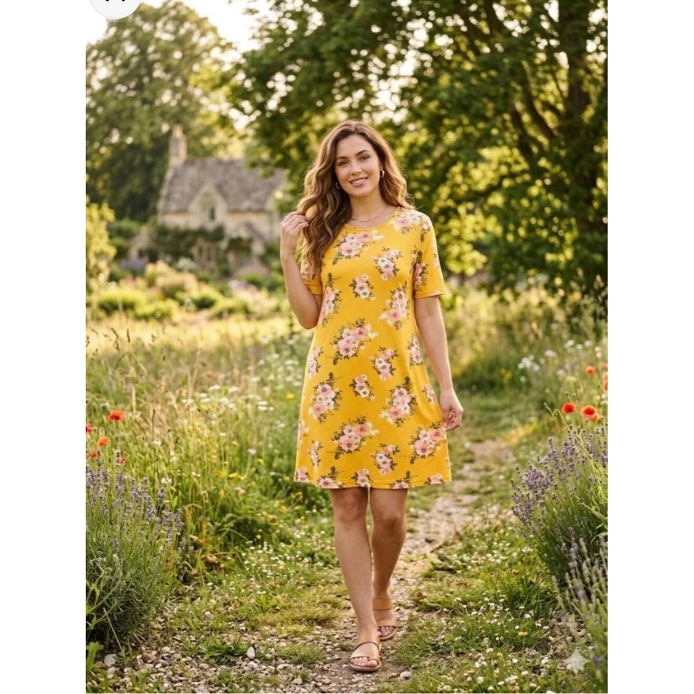 Bobbie Brooks Floral Knit T-Shirt Dress Womens L Yellow Boho Cottage Soft Girl